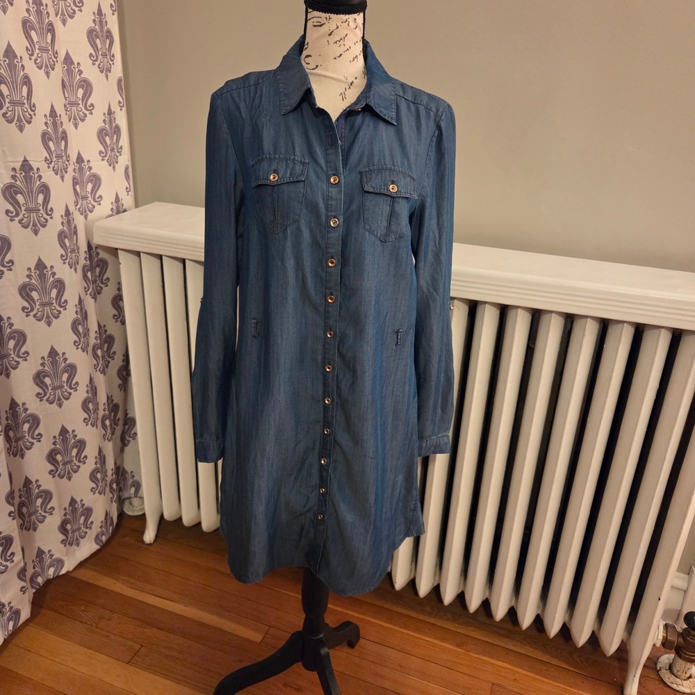 Bebe Denim Chambray Button Front Shirt Dress Long Sleeve No Belt, Generous Sz XS